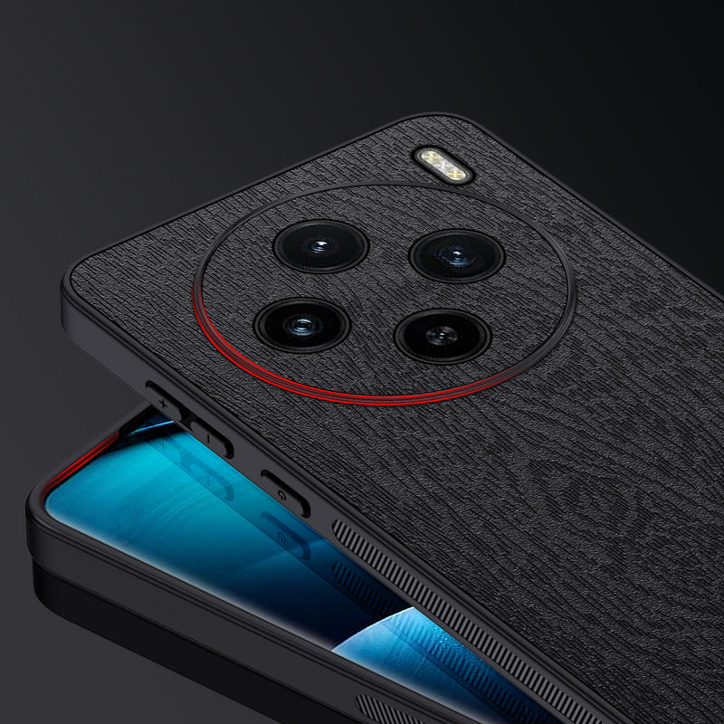 For vivo X100 5G Case Wood Grain PU Leather Coated PC+TPU Mobile Phone Cover - Black For vivo X100 5G Case Wood Grain PU Leather Coated PC+TPU Mobile Phone Cover - Black